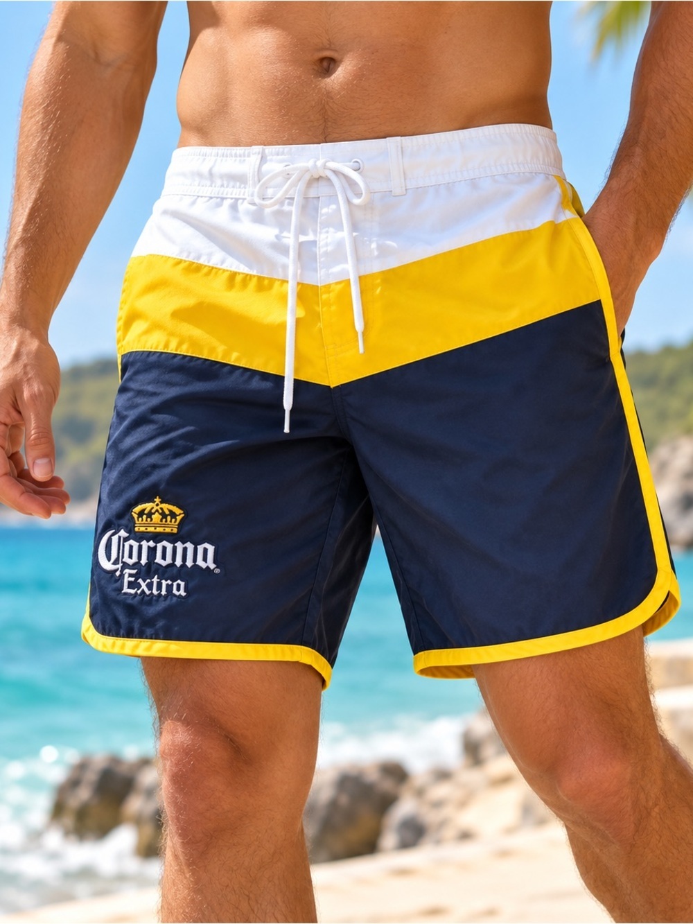NWOT Corona Extra Board Shorts Mens Small Embroidered Logo Yellow Blue
